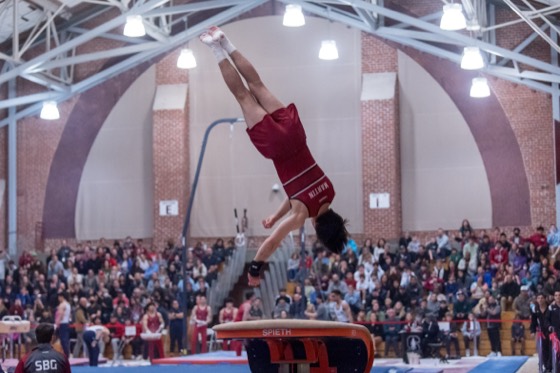 Zach Martin inverted with his hands on the vault table
