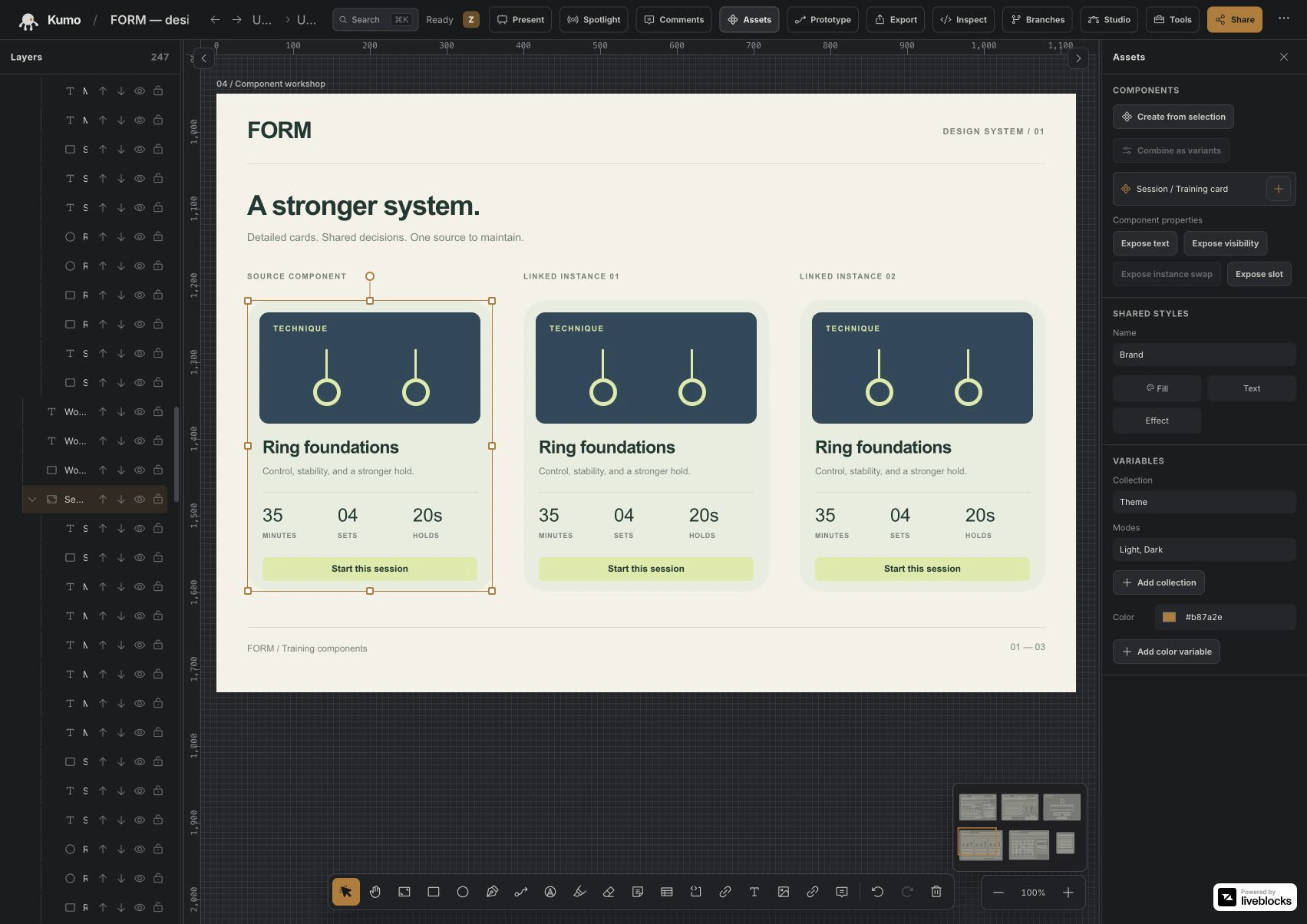 Three detailed FORM training cards in Kumo, with their source component and editable layers visible